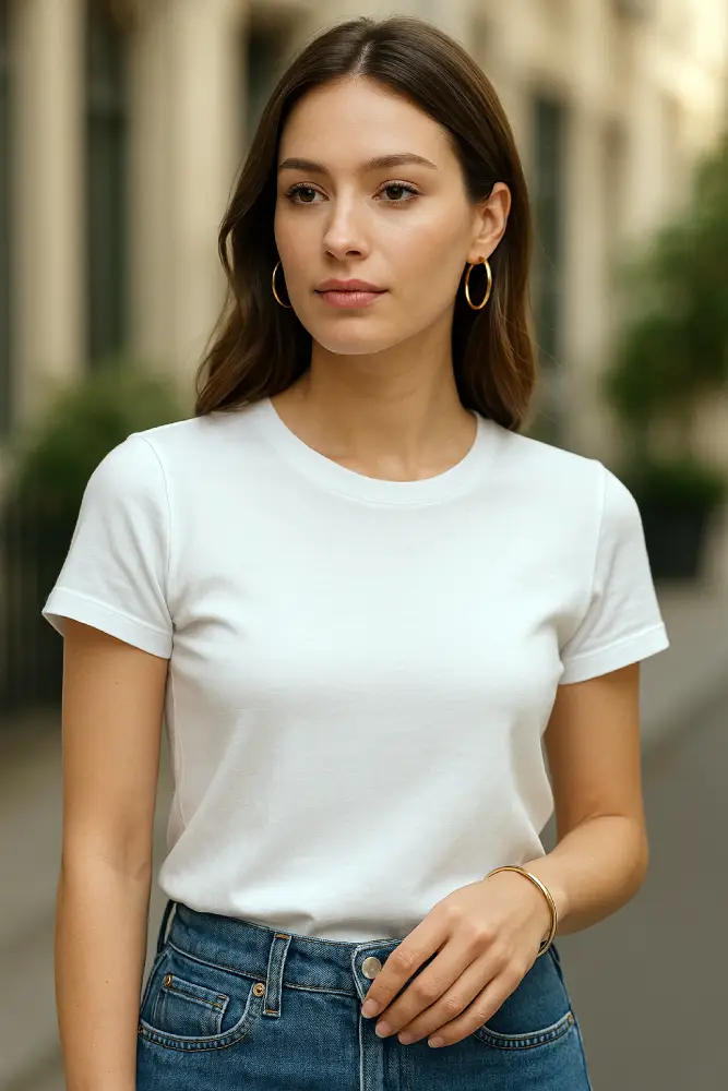 idée look T-shirt blanc + jean + créoles dorées fines + jonc raffiné
