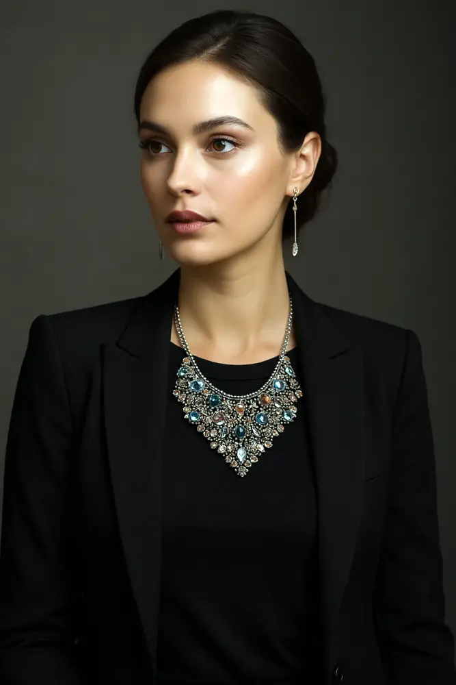 idée de look T-shirt noir + blazer + collier plastron + boucles pendantes