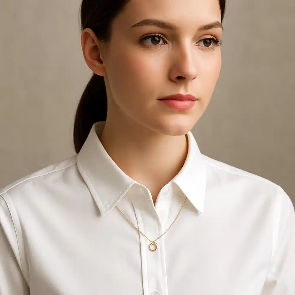 chaîne fine avec un petit pendentif avec une chemise blanche