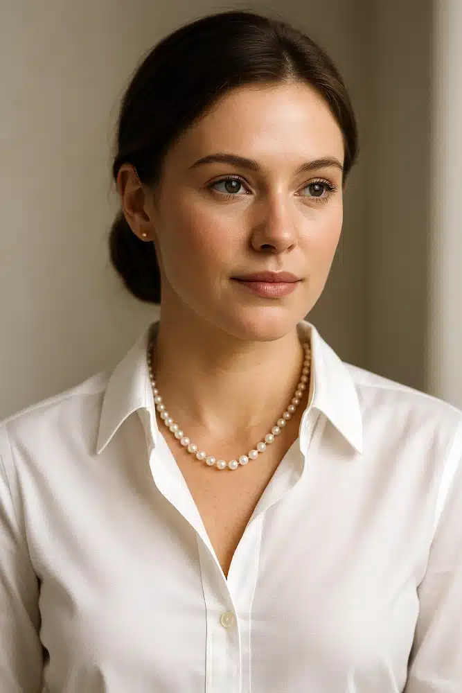 collier de perles avec une chemise blanche