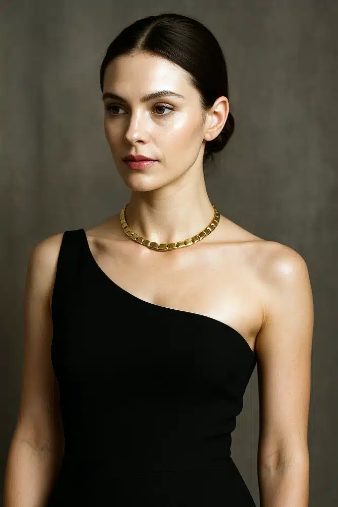 collier ras du cou avec un robe asymétrique