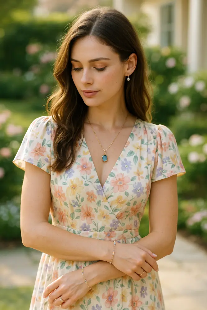 Robe d'invitée de mariage fleurie et bijoux fins colorés