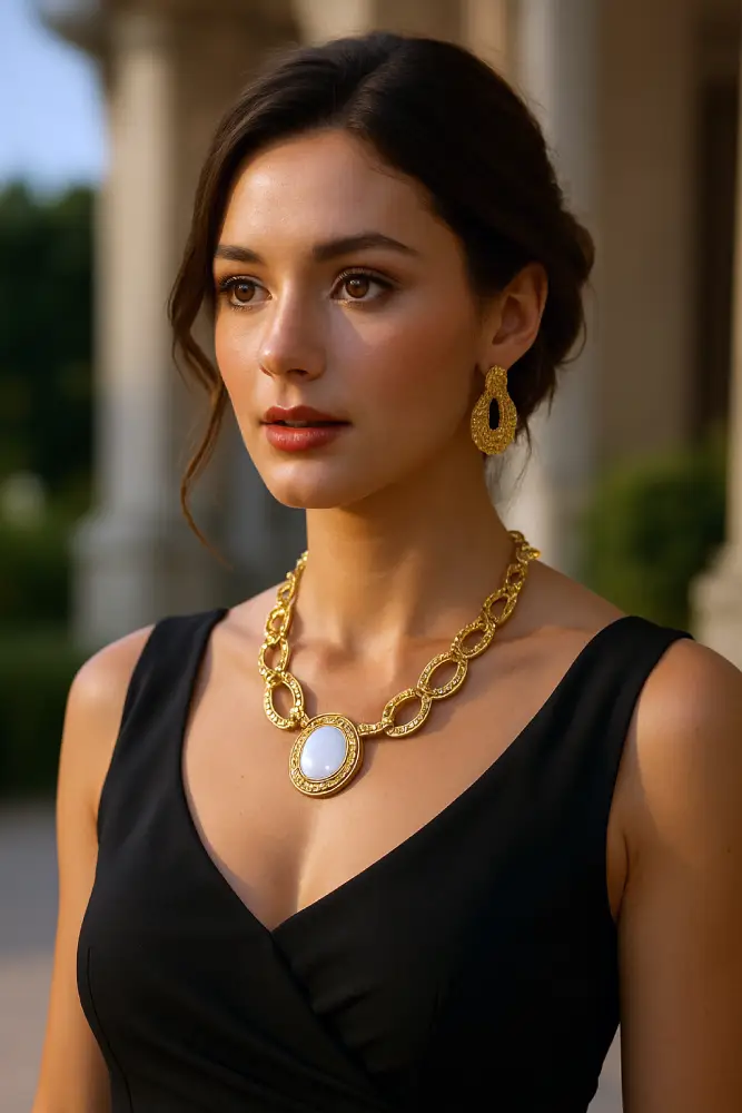 Robe d'invitée de mariage unie sobre et bijou statement